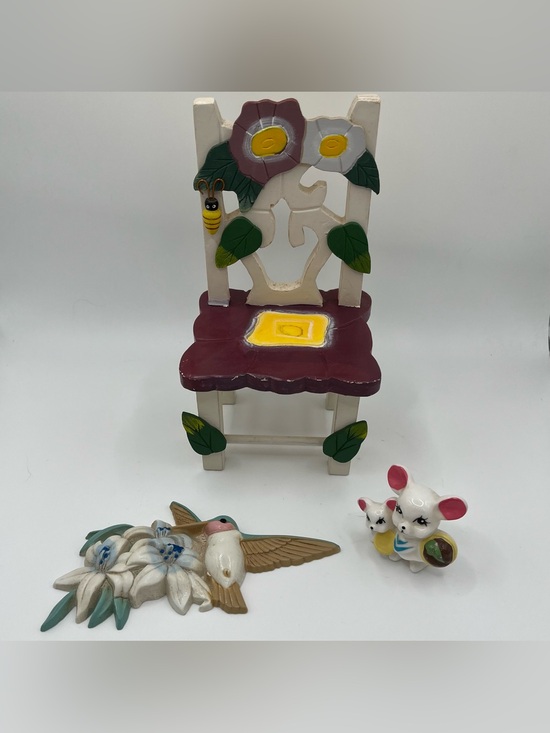 Other - Vintage Cottagecore Decor Mini Chair Mouse Figure Bird Wall - Lot of 3